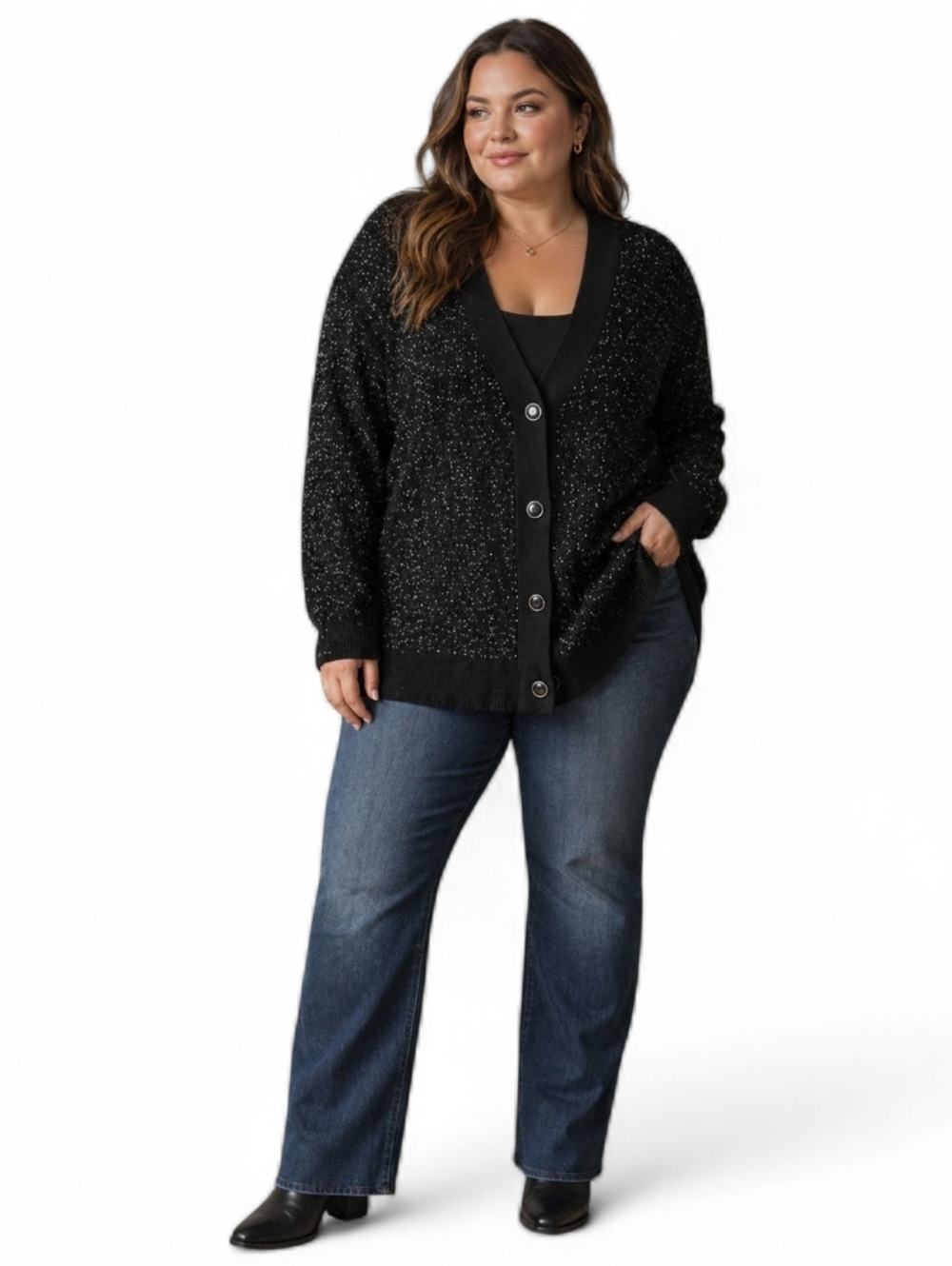 Penningtons Black & Silver Shimmer Knit V-Neck Button Cardigan Plus SZ 3X